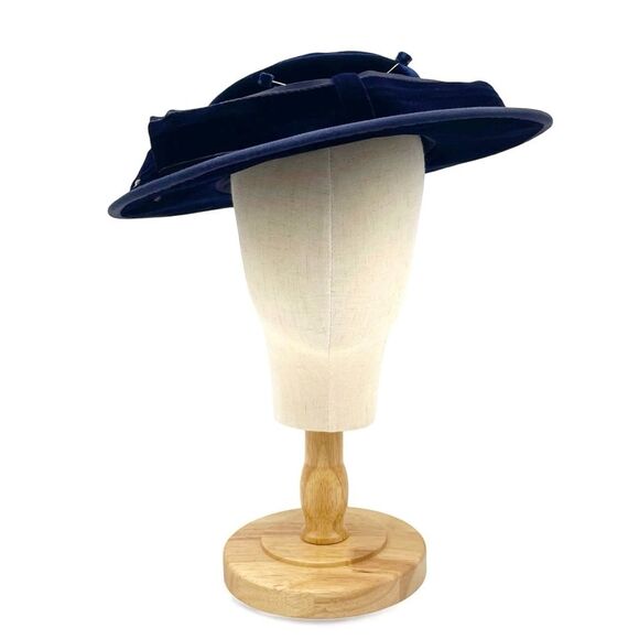 Vintage Makoff Salt Lake City Navy Blue Velvet Hat 22 1/2 Wide Brim Ribbon Bow - Picture 1 of 15
